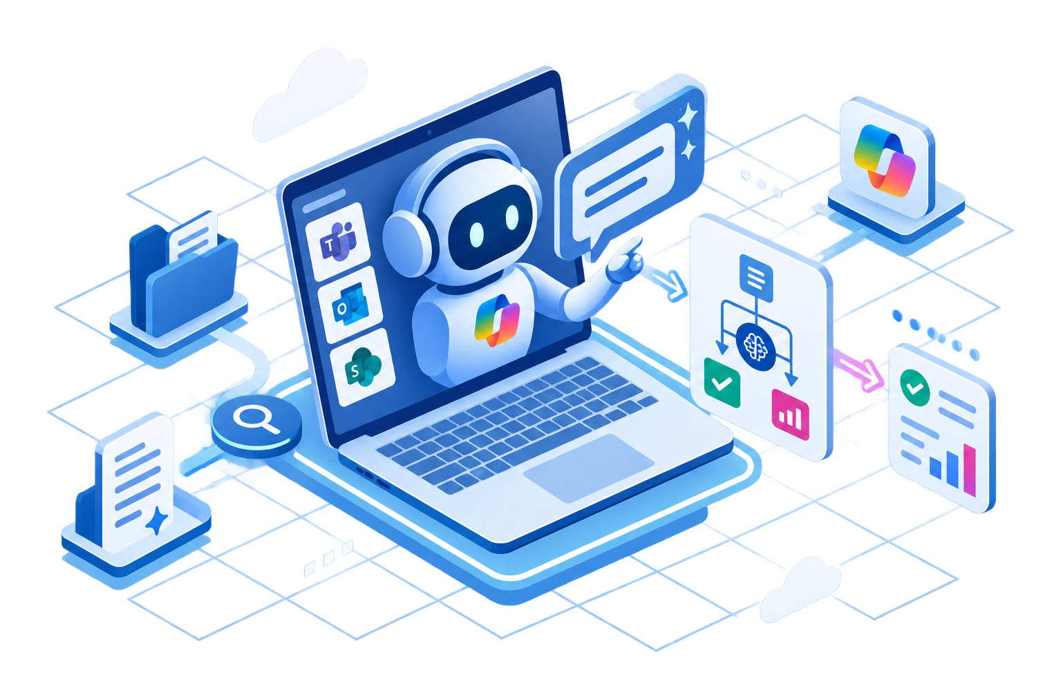 An isometric illustration of business applications linked by automation