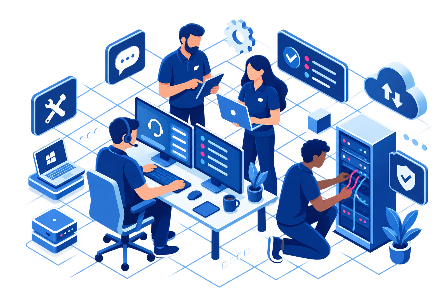 An isometric illustration of the IT Logic helpdesk team supporting users